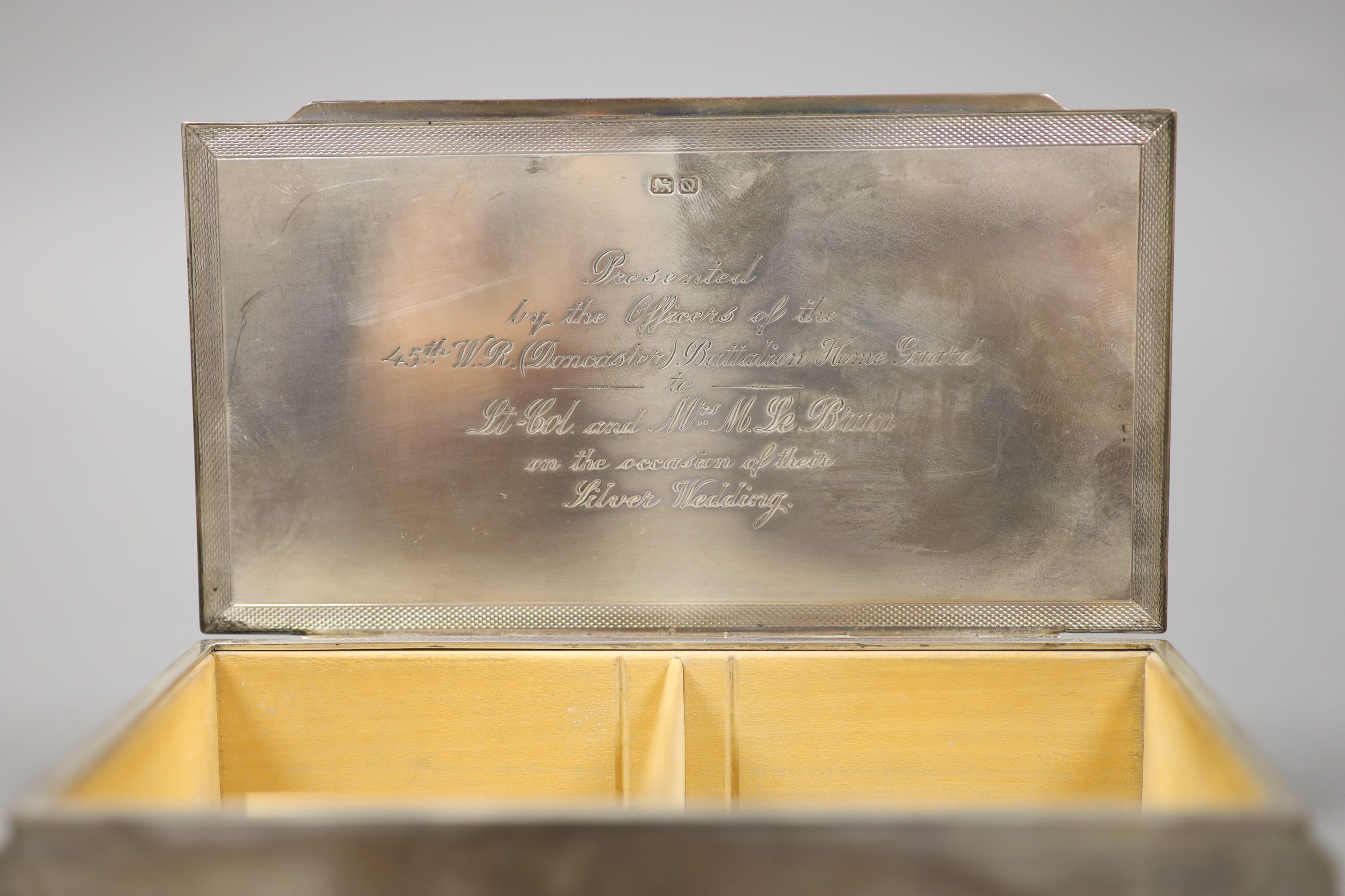 A George VI Art Deco engine turned silver cigarette case, by Walker & Hall, Chester, 1939
